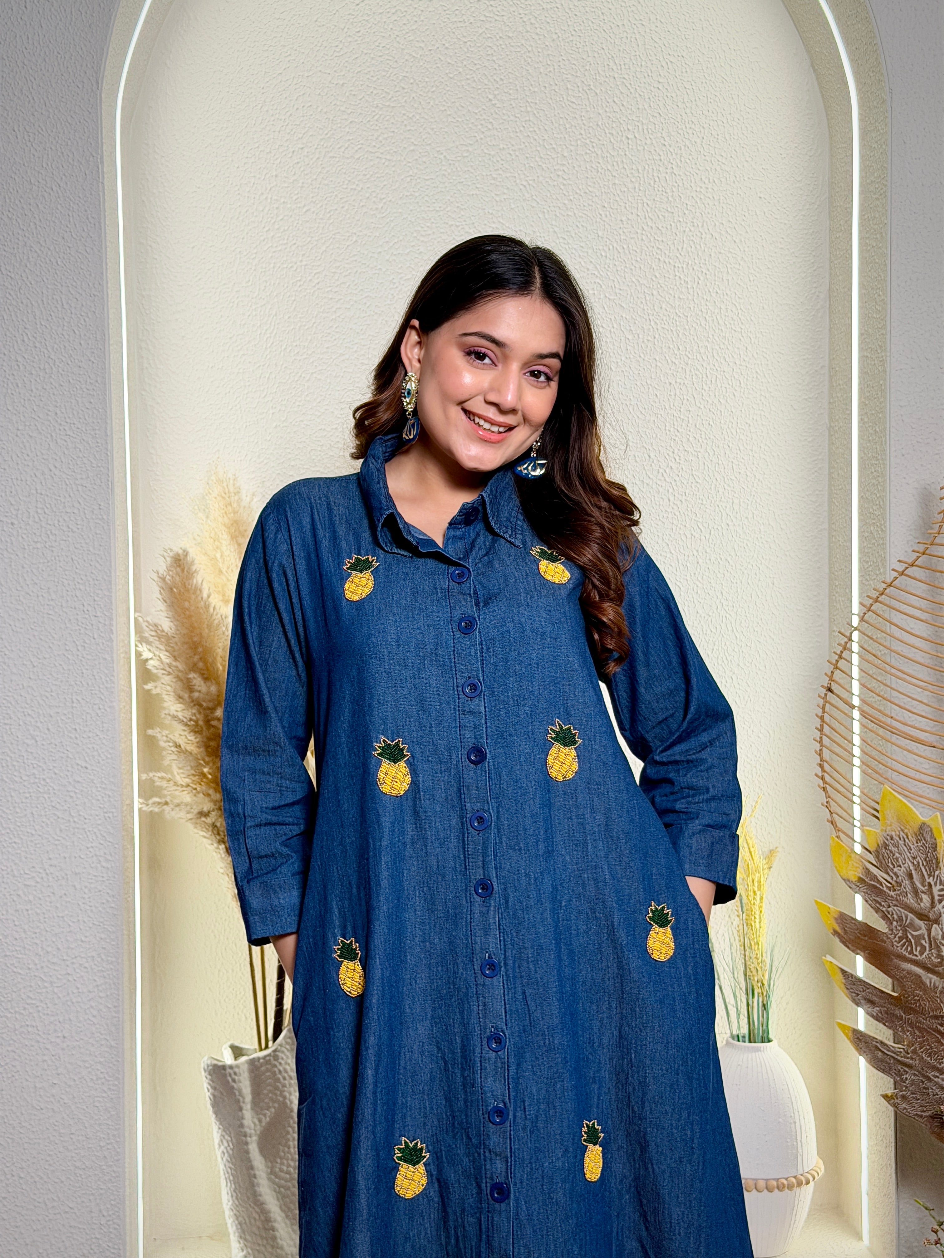 Denim Blue Pineapple Embroidered Shirt Dress