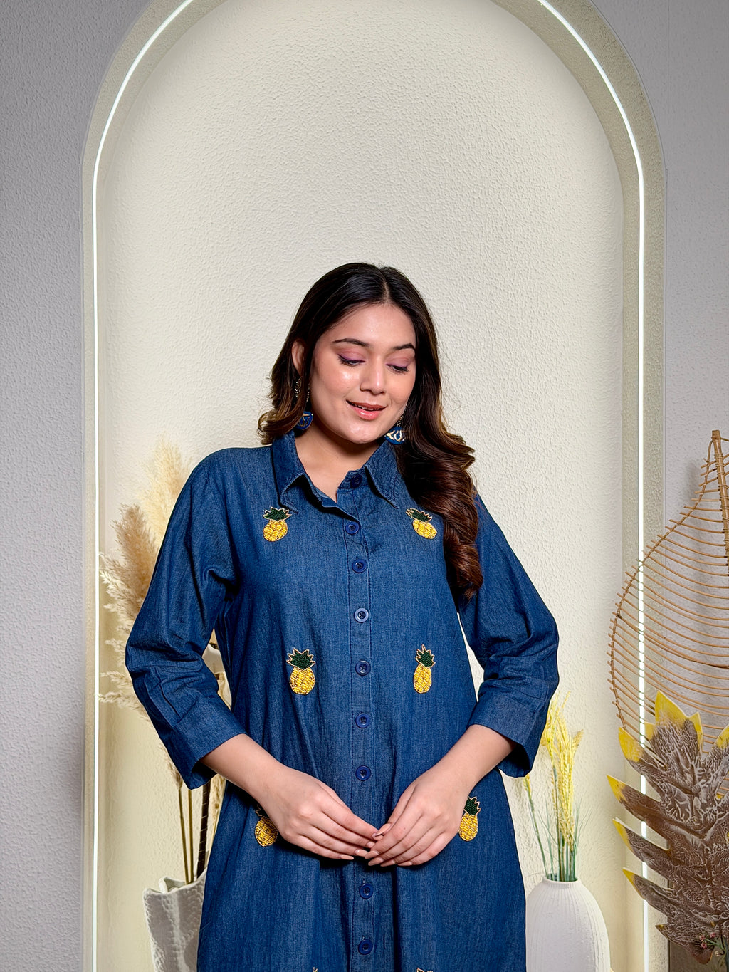 Denim Blue Pineapple Embroidered Shirt Dress