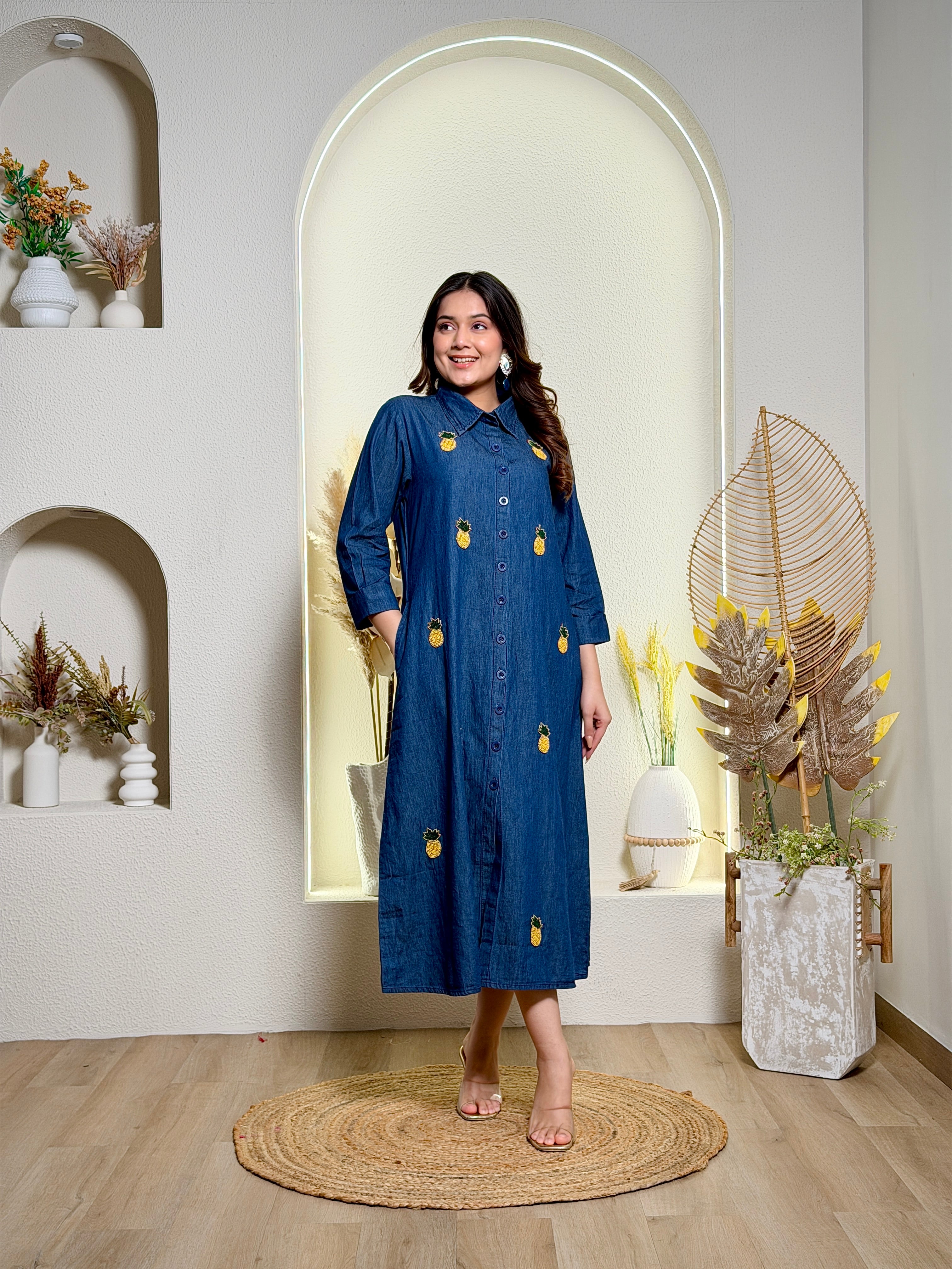 Denim Blue Pineapple Embroidered Shirt Dress