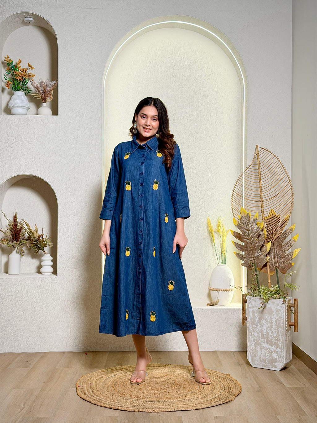 Denim Blue Pineapple Embroidered Shirt Dress