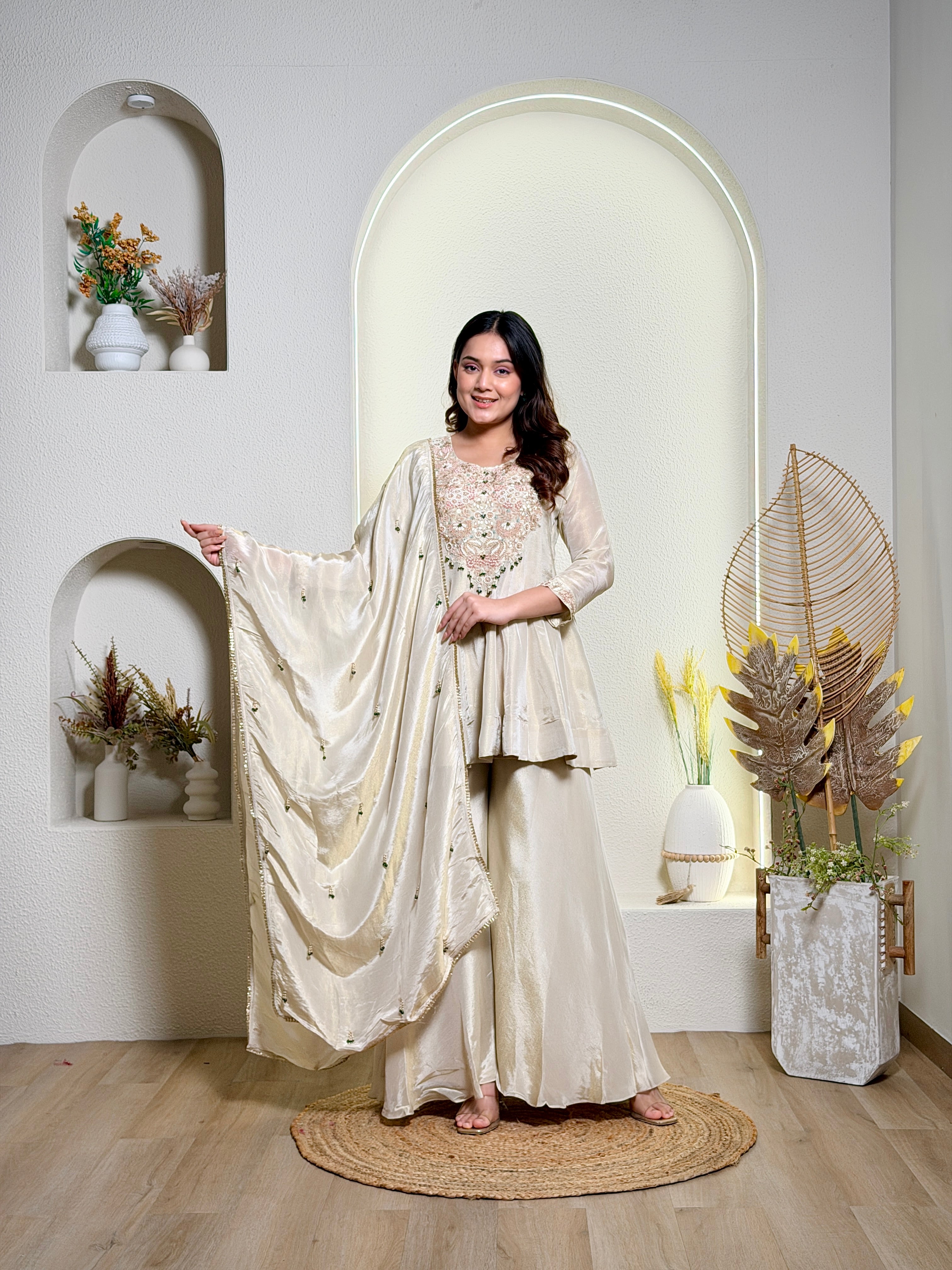 Ivory Pearl Embroidered Sharara Set