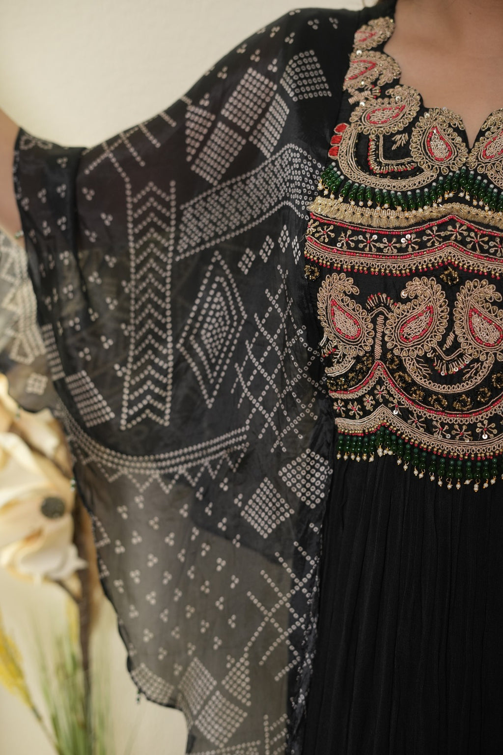 Black Printed Pleated One-Piece Dress