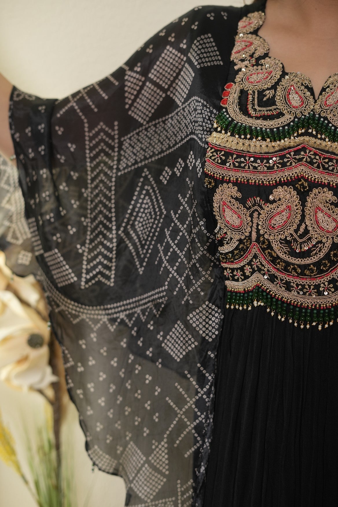 Black Printed Pleated One-Piece Dress